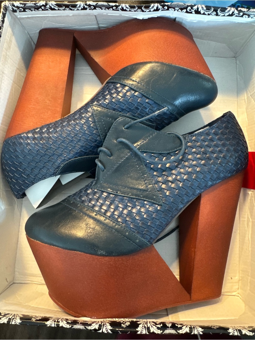 Woven Navy Lace-Up Platform Heels